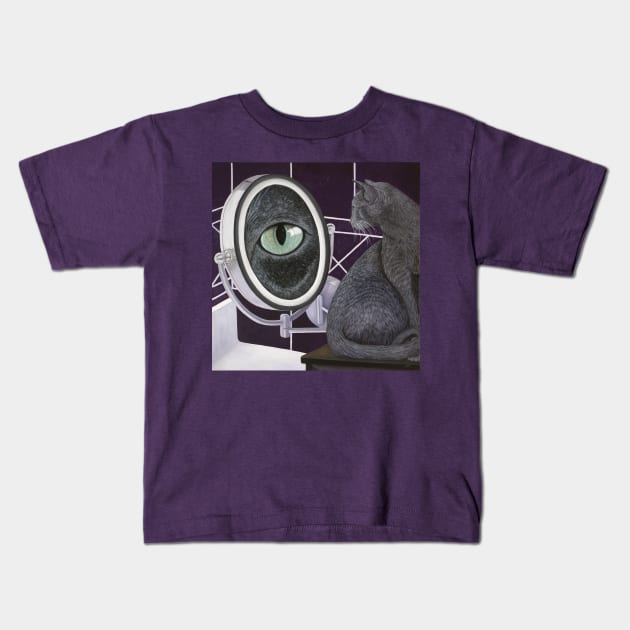 Russian Blue Cat and Magnifying Mirror Kids T-Shirt by KarenZukArt